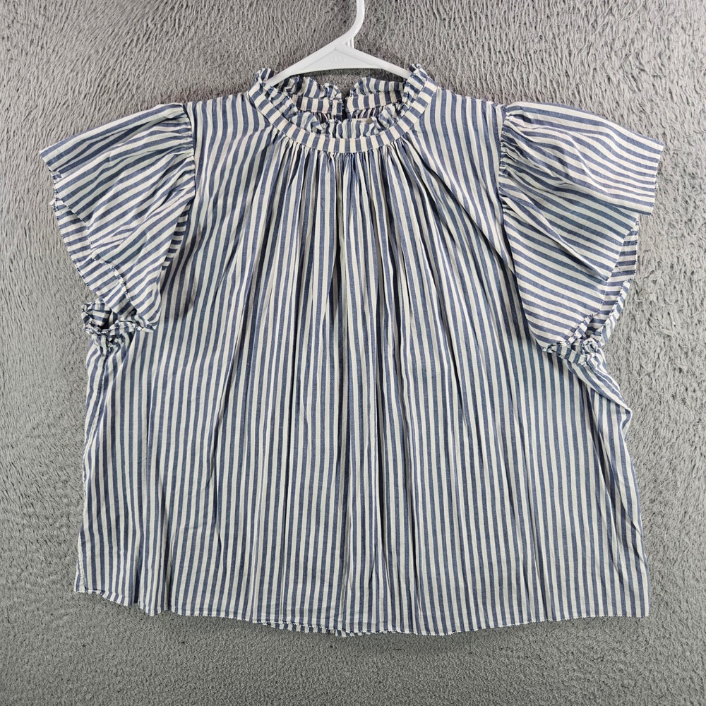 Trovata Birds of Paradis Women XS Blue White Striped Ruffle Neck Flutter Blouse